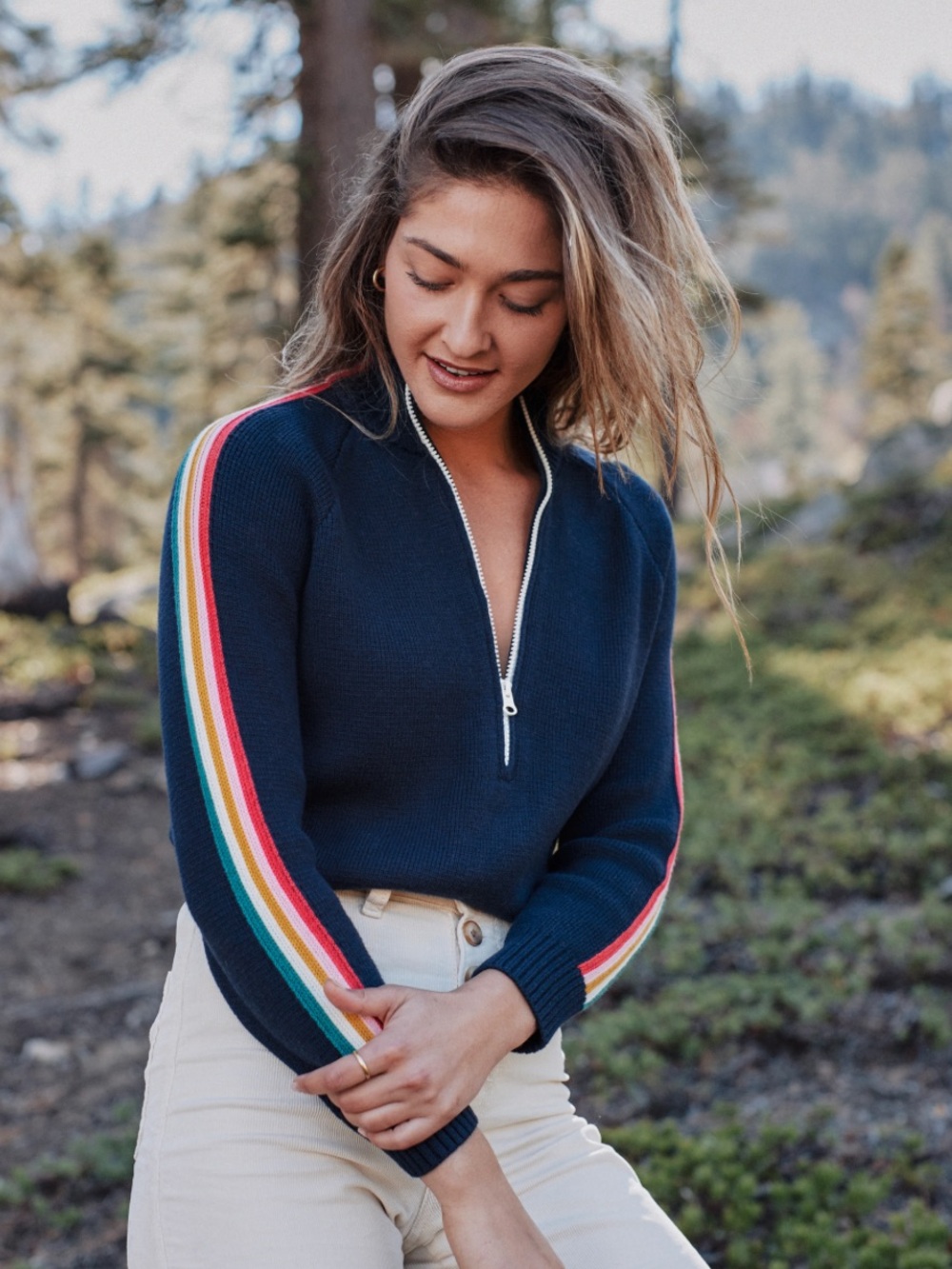 Marine Layer Archive Navy Half-Zip Turtleneck Sweater Rainbow Sleeve Stripe